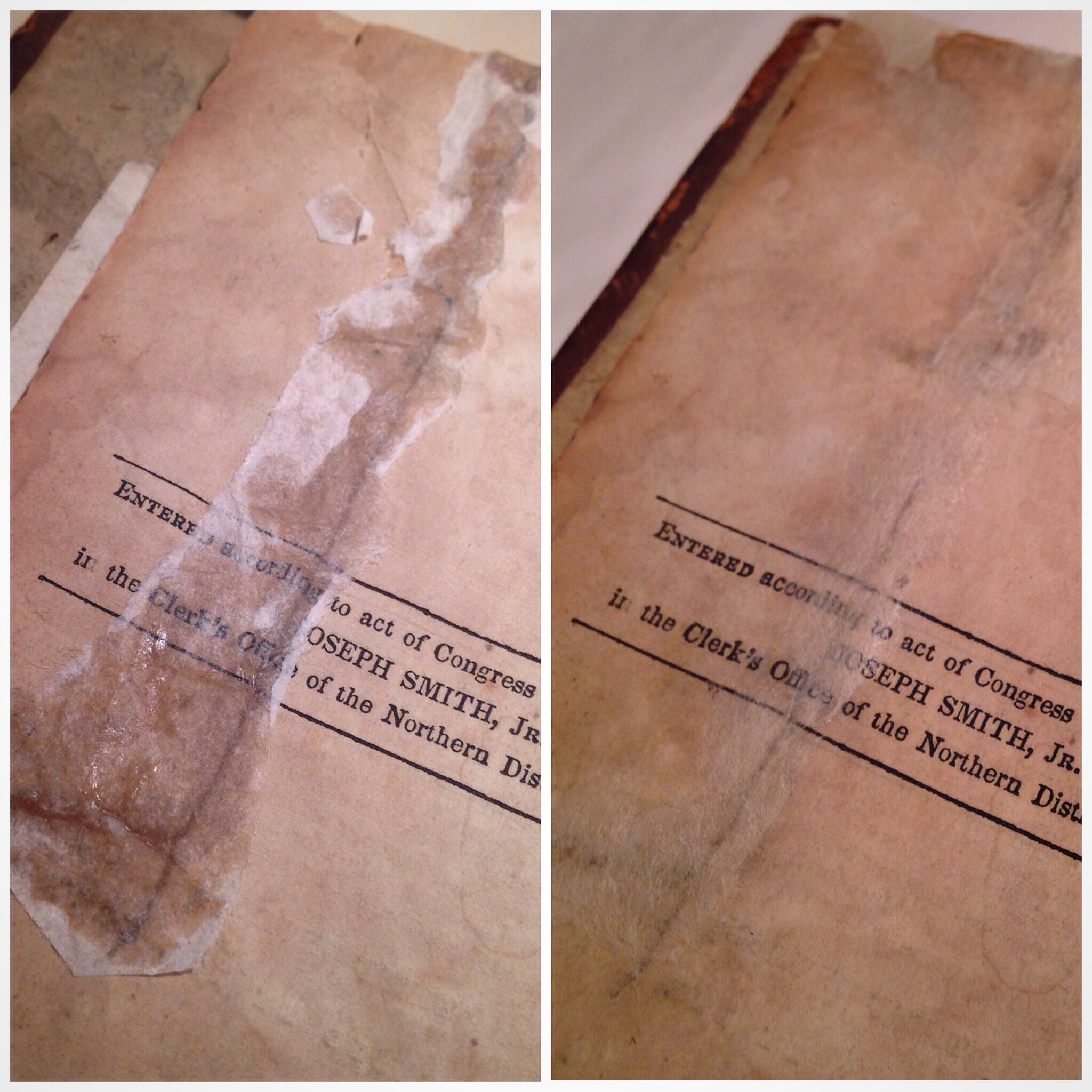 Removing hide glue and tissue from a title page of an 1840 Book of Mormon.